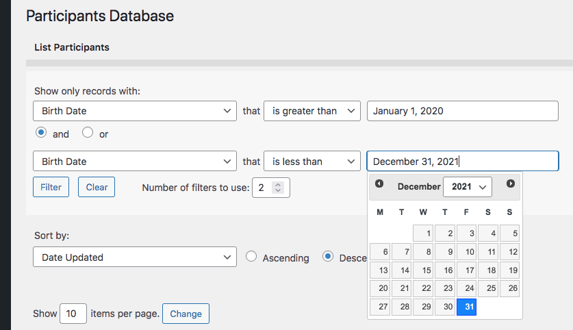 image of a date range search on the admin list page