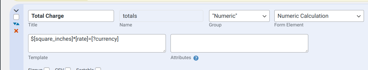 screenshot of a field configuration showing the calculation template